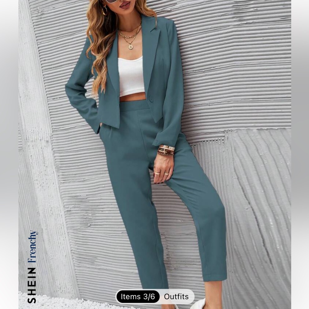 SHEIN solid single button crop blazer and slant pocket tailored pants.